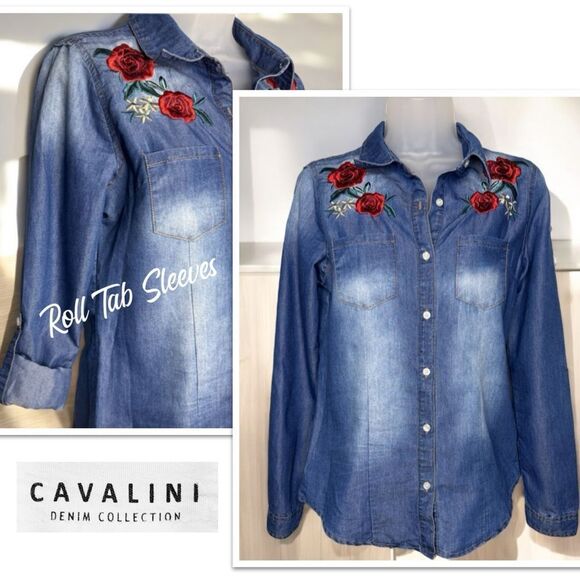 CAVALINI Denim Collection Embroidered Rose Button Down With Roll Tab Sleeves, PS - Picture 1 of 10
